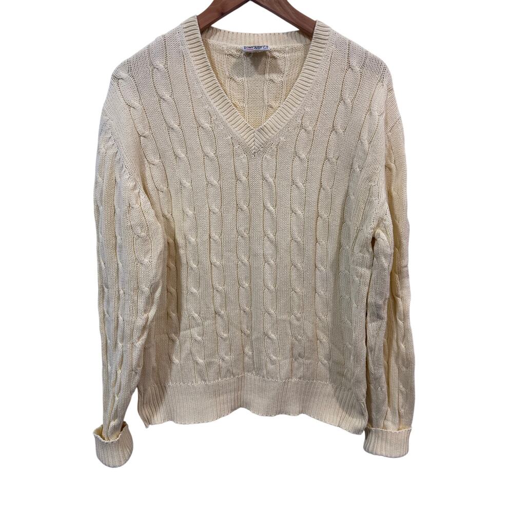 Vintage Norsport Pastel Yellow Cotton Cable Knit Pullover Sweater Size M Classic